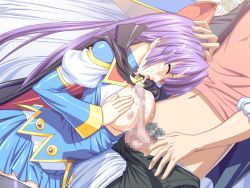 Rule 34 | breasts, censored, cum, cum on hair, closed eyes, facial, hand on head, large breasts, long hair, nipples, open clothes, open shirt, oral, paizuri, penis, purple hair, shirt, tagme