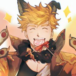 Rule 34 | 1boy, animal ears, black tank top, blonde hair, blush, candy, closed eyes, food, food in mouth, granblue fantasy, jacket, lollipop, male focus, official alternate costume, open clothes, open jacket, orange jacket, shadow skg, short hair, smile, solo, tank top, teeth, vane (granblue fantasy), vane (halloween) (granblue fantasy), wolf boy, wolf ears, wolf paws