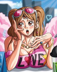 Rule 34 | 1girl, alternate costume, bare shoulders, bbdbg03, blush, breasts, charlotte pudding, cleavage cutout, clothing cutout, embarrassed, female focus, highres, jewelry, large breasts, looking away, one piece, solo, sunglasses, thick thighs, thighs, third eye