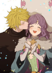 Rule 34 | 1boy, 1girl, ^ ^, blonde hair, blush, breasts, brown shirt, cape, closed eyes, closed mouth, forehead jewel, gawain (granblue fantasy), granblue fantasy, hand on another&#039;s hip, hands up, hetero, imminent kiss, lennah, long hair, long sleeves, mifuta, open mouth, petals, purple hair, shirt, short hair, small breasts, smile, sweatdrop, upper body