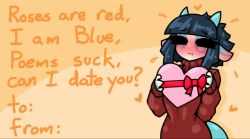 Rule 34 | animal ears, black hair, box, embarrassed, closed eyes, heart-shaped box, limebreaker, poem, red sweater, sweater, text focus, valentine chocolate