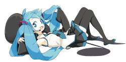 Rule 34 | 1girl, armpits, black skirt, black thighhighs, blue eyes, blue hair, blue necktie, detached sleeves, hatsune miku, ikeda keisuke, knees up, long hair, long sleeves, long twintails, looking at viewer, lying, matching hair/eyes, microphone, miniskirt, necktie, on back, open mouth, pillow, pleated skirt, shirt, skirt, sleeveless, sleeveless shirt, smile, solo, thighhighs, twintails, vocaloid, white shirt, wide sleeves, zettai ryouiki