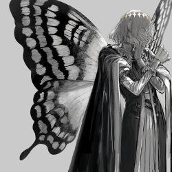 Rule 34 | 1boy, absurdres, au (d elete), blue eyes, butterfly wings, cape, diamond hairband, fate/grand order, fate (series), greyscale, grin, hair between eyes, hairband, hand to own mouth, highres, insect wings, long sleeves, male focus, monochrome, oberon (fate), profile, simple background, smile, solo, spot color, wings