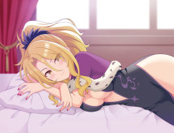 Rule 34 | 1girl, bed sheet, black dress, blonde hair, blurry, blurry background, breasts, brown eyes, christina (princess connect!), cleavage, closed mouth, commentary request, curtains, day, depth of field, dress, eyes visible through hair, hair over one eye, hip vent, indoors, kaiware-san, large breasts, long hair, lying, nail polish, on side, pillow, ponytail, princess connect!, red nails, smile, solo, sunlight, window