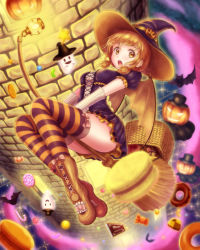 Rule 34 | 1girl, alba (little witches), basket, bat (animal), boots, breasts, broom, broom riding, brown eyes, brown hair, candy, candy cane, cookie, cross-laced footwear, demon wings, doughnut, dress, flying, food, full body, ghost, halloween, hat, highres, jack-o&#039;-lantern, lollipop, low twintails, macaron, open mouth, original, puffy short sleeves, puffy sleeves, pumpkin, short sleeves, short twintails, solo, striped clothes, striped thighhighs, swirl lollipop, thighhighs, tower, twintails, wings, witch, witch hat, wrapped candy