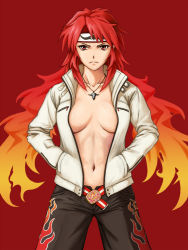 Rule 34 | 1girl, belt, breasts, closed mouth, collarbone, female focus, frown, hands in pockets, headband, jacket, jewelry, kuroiro zanmai, long sleeves, midriff, navel, necklace, open clothes, open jacket, prominence katou, red eyes, red hair, ring dream, simple background, solo