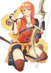 Rule 34 | 1girl, absurdres, armor, arrow (projectile), black gloves, bow (weapon), breasts, cleavage, closed mouth, clothes around waist, female focus, fingerless gloves, fire emblem, fire emblem: three houses, flower, full body, gloves, highres, holding, holding bow (weapon), holding weapon, jacket around waist, jewelry, kneeling, leonie pinelli, looking at viewer, matching hair/eyes, miramita8727, necklace, nintendo, orange eyes, orange hair, quiver, shorts, simple background, smile, solo, sunflower, the inexhaustible (weapon), weapon, white background