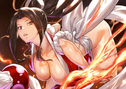 Rule 34 | 1girl, bare shoulders, blush, breasts, brown eyes, brown hair, cleavage, collarbone, dress, fatal fury, fire, hamushima, high ponytail, highres, large breasts, leaning forward, long hair, looking at viewer, parted bangs, parted lips, pelvic curtain, ponytail, red dress, sash, shiranui mai, short dress, sidelocks, solo, the king of fighters, thighs