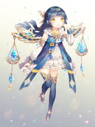 Rule 34 | 1girl, balance scale, black hair, braid, detached sleeves, gradient background, jewelry, long hair, original, saban, solo, thighhighs, weighing scale, wings, yellow eyes
