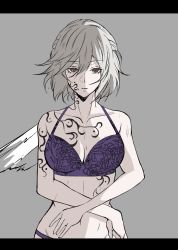 Rule 34 | bra, breasts, cleavage, collarbone, commentary request, expressionless, feathered wings, grey background, grey hair, groin, highres, kishin sagume, looking at viewer, midriff, navel, panties, purple bra, purple panties, red eyes, simple background, single wing, soregashi (nobuyoshi-numa2), stomach, tattoo, touhou, underwear, upper body, white wings, wings