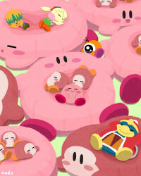 Rule 34 | :o, arms behind head, arms up, artist name, blonde hair, blush, blush stickers, brother and sister, bun (kirby), closed eyes, closed mouth, commentary request, eyelashes, fumu (kirby), fur-trimmed jacket, fur trim, green hair, hair over eyes, hat, highres, jacket, king dedede, kirby, kirby (series), long hair, long sleeves, lying, multicolored hair, nintendo, no humans, nody (nody lowmoo), on back, on side, on stomach, one-eyed, open mouth, ponytail, red headwear, red jacket, short hair, siblings, sitting, smile, waddle dee, waddle doo