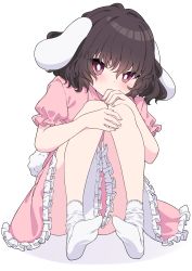 Rule 34 | 1girl, absurdres, animal ears, black hair, blush, dress, eyes visible through hair, hair between eyes, hands on own knees, highres, inaba tewi, looking at viewer, no shoes, pink dress, pink eyes, pink sleeves, puffy short sleeves, puffy sleeves, rabbit ears, rabbit tail, short hair, short sleeves, simple background, sitting, socks, solo, tail, touhou, tsukimirin, white background, white socks