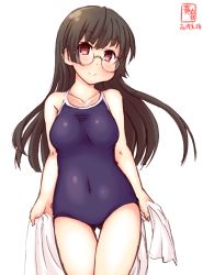 Rule 34 | 1girl, alternate costume, artist logo, black hair, blue one-piece swimsuit, blush, breasts, brown hair, choukai (kancolle), collarbone, competition school swimsuit, covered navel, cowboy shot, dated, feet out of frame, glasses, gluteal fold, hair between eyes, highres, kanon (kurogane knights), kantai collection, long hair, looking at viewer, medium breasts, new school swimsuit, one-piece swimsuit, red eyes, rimless eyewear, school swimsuit, signature, simple background, solo, swimsuit, towel, white background