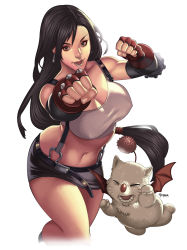 Rule 34 | 1990s (style), 1girl, bad deviantart id, bad id, black hair, breasts, brown eyes, cleavage, clenched hands, covered erect nipples, cowboy shot, crop top, curvy, earrings, elizabeth torque, final fantasy, final fantasy vii, fingerless gloves, gloves, grey eyes, jewelry, large breasts, long hair, midriff, miniskirt, moogle, navel, open mouth, pencil skirt, retro artstyle, skirt, smile, suspenders, tank top, taut clothes, tifa lockhart, wide hips
