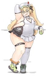 Rule 34 | 1girl, arm behind head, armpits, asymmetrical legwear, azur lane, bache (azur lane), bache (showy sports star) (azur lane), bad id, bad twitter id, ball, bare shoulders, blonde hair, blush, breasts, contrapposto, covered navel, dot nose, dress, elbow gloves, fang, fat, full body, furrowed brow, gloves, green footwear, hair between eyes, hat, highres, holding, holding ball, long hair, looking at viewer, mrjouzi, open mouth, pleated dress, shadow, short dress, simple background, single thighhigh, sleeveless, small breasts, solo, sportswear, sunglasses, tennis ball, tennis uniform, thick thighs, thighhighs, thighs, twintails, visor cap, white background, wing collar