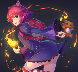 Rule 34 | 1girl, absurdres, animal ears, annie (league of legends), backpack, bag, cat ears, fire, fireball, fps, green eyes, hairband, highres, league of legends, looking at viewer, open mouth, pink hair, randoseru, short hair, solo, striped clothes, striped thighhighs, stuffed animal, stuffed toy, teddy bear, thighhighs, tibbers