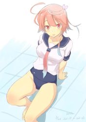 Rule 34 | 10s, 1girl, ahoge, blush, i-58 (kancolle), kantai collection, looking at viewer, open mouth, personification, red eyes, school swimsuit, school uniform, serafuku, short hair, smile, solo, swimsuit, swimsuit under clothes, wa (genryusui)
