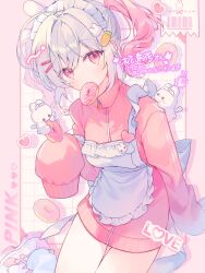 Rule 34 | 1girl, animal ears, apron, blush, commission, doughnut, food, food-themed hair ornament, food in mouth, frilled apron, frills, hair ornament, hairclip, heart, highres, jacket, komomo (2899), long sleeves, looking at viewer, maid, maid apron, maid headdress, mouth hold, multicolored hair, original, pink eyes, pink hair, rabbit ears, red eyes, shoes, signature, skeb commission, sleeves past fingers, sleeves past wrists, sneakers, socks, solo, track jacket, twintails, white apron, white hair, zipper
