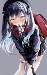 Rule 34 | 1girl, backpack, bag, bandaid, bandaid on face, black collar, blue hair, blue hat, blue ribbon, blue sailor collar, blue skirt, blush, bow, bowtie, chain, collar, colored inner hair, commentary request, crime prevention buzzer, hair ornament, hair ribbon, hairclip, hat, highres, holding, holding chain, leaning forward, legwear garter, long hair, long sleeves, looking at viewer, miniskirt, mouth hold, multicolored hair, original, pleated skirt, randoseru, red bow, red bowtie, ribbon, sailor collar, school uniform, serafuku, simple background, skirt, sleeves past wrists, solo, sweatdrop, thighhighs, two side up, unworn bowtie, v arms, white thighhighs, yellow eyes, yunmi 0527