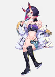 Rule 34 | 1girl, alternate costume, bare shoulders, belt, black legwear, boots, breasts, coat, corset, crossed legs, denim, denim shorts, eyelashes, fate/grand order, fate (series), food, fur trim, hand rest, high heel boots, high heels, highres, hikimayu, horns, knee boots, looking at viewer, midriff, multicolored hair, navel, off shoulder, olys, oni, open mouth, popsicle, purple eyes, purple hair, shoe soles, short hair, shorts, shuten douji (fate), sitting, sleeves past wrists, small breasts, solo, thong, two-tone hair, winter clothes, winter coat