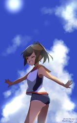 Rule 34 | 1girl, blue sky, brown hair, cloud, commentary request, cowboy shot, dated, closed eyes, facing viewer, hair ornament, hairclip, highres, i-401 (kancolle), johssnny, kantai collection, one-hour drawing challenge, one-piece tan, orange sailor collar, ponytail, sailor collar, school swimsuit, shirt, short ponytail, side-tie shirt, sky, sleeveless, sleeveless shirt, smile, solo, standing, sun, swimsuit, swimsuit under clothes, tan, tanline, twitter username