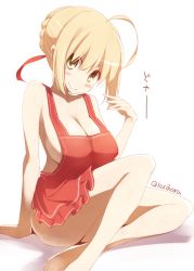 Rule 34 | 10s, 1girl, ahoge, alternate costume, apron, arm support, bare legs, bare shoulders, blonde hair, blush, breasts, cleavage, fate/extra, fate (series), female focus, green eyes, hair ribbon, kurikara, large breasts, looking at viewer, naked apron, nero claudius (fate), nero claudius (fate), nero claudius (fate/extra), red apron, ribbon, sideboob, simple background, sitting, smile, solo, twitter username, white background