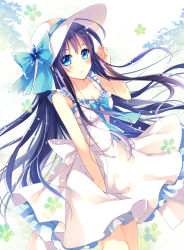 Rule 34 | 1girl, bare arms, bare shoulders, black hair, blue eyes, bow, breasts, cleavage, collarbone, dress, gradient background, hat, hat bow, long hair, medium breasts, mochizuki shiina, original, sleeveless, sleeveless dress, solo, sun hat, sundress, very long hair, white dress