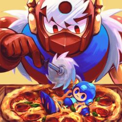 Rule 34 | 1boy, artist name, character doll, food, highres, humanoid robot, laser-lance, looking away, looking down, mega man (character), mega man (classic), mega man (series), mega man 2, metal man, pepperoni, pizza, pizza cutter, red eyes, robot, solo