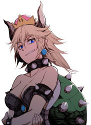 Rule 34 | 1girl, absurdres, armlet, bare shoulders, black dress, blonde hair, blue eyes, bowsette, bracelet, breasts, cleavage, collar, collarbone, dress, earrings, grin, helping-hand, highres, horns, jewelry, looking at viewer, mario (series), medium breasts, new super mario bros. u deluxe, nintendo, pointy ears, ponytail, shell, simple background, smile, smirk, solo, spiked armlet, spiked bracelet, spiked collar, spikes, strapless, strapless dress, super crown, thick eyebrows, upper body, white background