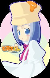Rule 34 | 1girl, :o, bisuke-tan, blue eyes, blue hair, blush, blush stickers, character name, hat, kfc, looking at viewer, matching hair/eyes, object on head, open mouth, short hair, solo