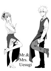 Rule 34 | 1boy, 1girl, :/, apron, arms under breasts, black eyes, black vest, bleached hair, blunt bangs, bow, bowtie, breasts, butterfly hair ornament, closed mouth, collar, couple, crossed arms, english text, eyelashes, fork, frown, full body, go-toubun no hanayome, hair ornament, head tilt, high heels, highres, hip vent, holding, holding knife, holding whisk, knife, kosmos beta, large breasts, leg up, legs, long legs, long skirt, long sleeves, looking at viewer, married, nakano nino, nose, pants, ponytail, shirt, short hair, sidelocks, simple background, skindentation, skirt, smile, spiked hair, standing, standing on one leg, thigh strap, uesugi fuutarou, v-shaped eyebrows, vest, waiter, whisk, white background, white collar, white shirt