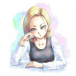 Rule 34 | 1girl, android 18, blonde hair, blue eyes, collarbone, dragon ball, dragon ball z, dragonball z, earrings, eply, eyebrows, eyelashes, frown, head rest, jewelry, makeup, mascara, solo, upper body