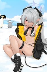 Rule 34 | 1girl, absurdres, ass, bikini, bird, black bikini, black choker, black coat, black footwear, black gloves, black jacket, blue archive, blue sky, blurry, boots, bow, breasts, choker, cleavage, cloud, cloudy sky, coat, commentary request, dark-skinned female, dark skin, demon girl, demon tail, depth of field, gloves, grey hair, hair bow, hair over one eye, hair ribbon, halo, highres, horizon, iori (blue archive), iori (swimsuit) (blue archive), jacket, kodineun haengbokhada, long hair, long sleeves, looking at viewer, navel, official alternate costume, open clothes, open coat, open jacket, outdoors, parted bangs, pendant choker, penguin, pointy ears, red hair, ribbon, side-tie bikini bottom, sidelocks, sitting, sky, small breasts, snow, stomach, sweatdrop, swimsuit, tail, thigh strap, twintails