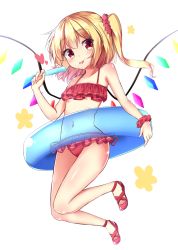 Rule 34 | 1girl, :p, bare arms, bare legs, bare shoulders, bikini, blonde hair, breasts, commentary request, cross-laced footwear, crystal, flandre scarlet, food, frilled bikini, frills, full body, hair ornament, hair scrunchie, hand up, head tilt, heart, holding, holding food, innertube, long hair, looking at viewer, navel, no headwear, one side up, popsicle, red bikini, red eyes, red footwear, red scrunchie, sabana, scrunchie, shoes, simple background, small breasts, smile, solo, stomach, swim ring, swimsuit, thighs, tongue, tongue out, touhou, white background, wings, wrist scrunchie