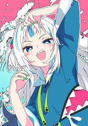 Rule 34 | 1girl, :d, blue eyes, blue hair, blue jacket, blush stickers, fingernails, fins, fish tail, gawr gura, gawr gura (1st costume), green nails, hololive, hololive english, ixy, jacket, long hair, long sleeves, looking at viewer, multicolored hair, nail polish, open mouth, sharp teeth, smile, solo, tail, teeth, two-tone hair, upper teeth only, virtual youtuber, white hair
