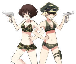 Rule 34 | 2girls, akiyama yukari, bikini, bikini skirt, blonde hair, breasts, brown eyes, brown hair, camouflage, camouflage bikini, closed mouth, commentary, erwin (girls und panzer), girls und panzer, green bikini, green headwear, gun, halterneck, hand on own hip, handgun, hat, holding, holding gun, holding weapon, locked arms, medium breasts, messy hair, military hat, multiple girls, navel, open mouth, peaked cap, pointy hair, pouch, ri (qrcode), simple background, smile, swimsuit, thigh pouch, thigh strap, weapon, white background