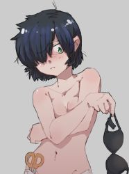 Rule 34 | 1girl, black hair, blush, bra, breasts, cleavage, covering breasts, covering privates, green eyes, hair over one eye, highres, holding, holding clothes, holding underwear, knuxy, medium breasts, navel, nazo no kanojo x, object in clothes, object in panties, scissors, short hair, small breasts, solo, standing, topless, underwear, underwear only, unworn bra, urabe mikoto