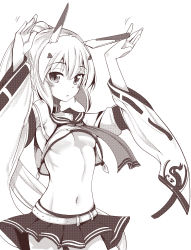 Rule 34 | 1girl, arms up, ayanami (azur lane), azur lane, bare shoulders, belt, blush, breasts, chestnut mouth, commentary request, detached sleeves, greyscale, hair between eyes, hair ornament, hairclip, headgear, high ponytail, long hair, long sleeves, looking at viewer, medium breasts, monochrome, navel, no bra, parted lips, pleated skirt, ponytail, ribbon-trimmed sleeves, ribbon trim, shirt, simple background, skirt, sleeveless, sleeveless shirt, solo, sweat, takara akihito, underboob, very long hair, white background, wide sleeves