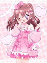 Rule 34 | 1girl, ;d, bag, blush, bow, brown hair, delicious party precure, dress, hair bow, heart, highres, jacket, long hair, matatabi hibiki, multiple tails, my melody, nagomi yui, one eye closed, onegai my melody, open clothes, open jacket, open mouth, pink bag, pink bow, pink dress, pink jacket, precure, purple eyes, sanrio, shoulder bag, smile, solo, tail, two tails
