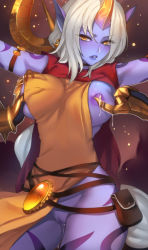 Rule 34 | 1girl, annoyed, breasts, breasts out, cleavage, clitoris, colored skin, highres, hooves, horns, jewelry, lactation, large breasts, league of legends, lips, long hair, looking at viewer, naked tabard, nipples, no bra, no panties, parted lips, pd (pdpdlv1), pd (pixiv), pelvic curtain, pointy ears, ponytail, purple skin, pussy, pussy juice, pussy juice trail, single horn, soraka (league of legends), staff, tabard, very long hair, warwick, white hair, yellow eyes