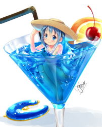 Rule 34 | 10s, 1girl, barefoot, blue eyes, blue hair, blush, cherry, cocktail, cocktail glass, cup, dress, drink, drinking glass, drinking straw, food, fruit, glass, gleision adain, hair ornament, hairclip, hand on headwear, hat, in container, in cup, lemon, lemon slice, looking at viewer, mahou shoujo madoka magica, mahou shoujo madoka magica (anime), matching hair/eyes, miki sayaka, mini person, minigirl, signature, smile, solo, soul gem, sun hat, white background