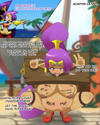 Rule 34 | 1girl, ahegao, bad end, before and after, body writing, breasts, dark nipples, dirty, drooling, game over, highres, humiliation, lactation, large breasts, lusmiasm, mind break, nipples, nude, pregnant, public use, purple hair, restrained, saliva, shantae, shantae (series), slave, squatting, tears, third-party edit, tongue, tongue out