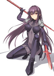 Rule 34 | 1girl, blush, bodysuit, breasts, fate/grand order, fate (series), gae bolg (fate), large breasts, long hair, polearm, purple bodysuit, purple hair, red eyes, scathach (fate), shiseki hirame, solo, spear, weapon