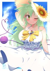 Rule 34 | 1girl, ;), absurdres, alternate costume, bare shoulders, blush, breasts, collarbone, day, dress, flower, green eyes, green hair, hair between eyes, hat, hat flower, heart, heart of string, highres, komeiji koishi, large breasts, long hair, looking at viewer, one eye closed, polyhedron2, smile, solo, straw hat, sunflower, third eye, touhou, white dress