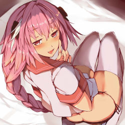 Rule 34 | 1boy, ass, astolfo (fate), astolfo (sailor paladin) (fate), blush, braid, butt crack, eyelashes, fang, fate/apocrypha, fate/grand order, fate (series), finger to face, from above, hair intakes, half-closed eyes, highres, kyuu (plastic night q), long hair, looking at viewer, looking back, looking up, male focus, official alternate costume, panties, pink hair, sailor collar, school uniform, side-tie panties, single braid, thighhighs, trap, underwear