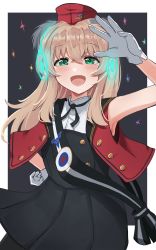 Rule 34 | 1girl, armpits, blonde hair, blush, emu 1316, gloves, green eyes, hand on own hip, hat, highres, long hair, looking at viewer, luminous witches, open mouth, sleeveless, smile, solo, virginia robertson, white gloves, wing ears, world witches series