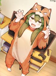 Rule 34 | 1girl, absurdres, animal costume, animal print, bad id, bad pixiv id, barefoot, blush, claw pose, commentary, controller, cosplay, dualshock, fangs, full body, game console, game controller, gamepad, green eyes, green hair, highres, igarashi futaba (shiromanta), indoors, kigurumi, looking at viewer, lower teeth only, open mouth, playstation 4, playstation controller, remote control, ryu (ryuwanshoy), senpai ga uzai kouhai no hanashi, solo, standing, teeth, television, tiger costume, tiger print