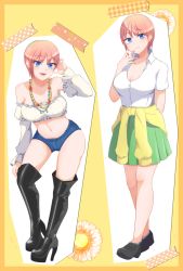 Rule 34 | 2girls, :d, alternate costume, arm behind back, bandeau, bare shoulders, bead necklace, beads, black footwear, blue eyes, blue shorts, boots, breasts, cleavage, clothes around waist, detached sleeves, frills, full body, go-toubun no hanayome, green skirt, hand up, high heel boots, high heels, highres, jacket, jacket around waist, jewelry, juliet sleeves, large breasts, loafers, long sleeves, looking at viewer, micro shorts, midriff, miniskirt, multiple girls, multiple views, nakano ichika, navel, necklace, open mouth, pink hair, pleated skirt, puffy sleeves, shirt, shoes, short hair, short sleeves, shorts, skirt, smile, standing, stomach, strapless, thigh boots, thighhighs, thighs, tube top, white shirt, yellow jacket, zuranonaru