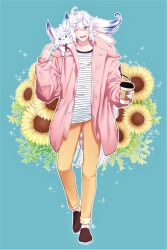 Rule 34 | 1boy, absurdres, alternate costume, blue background, brill p, brown footwear, coat, coffee, coffee cup, collarbone, cup, disposable cup, fate/grand order, fate (series), floral background, flower, fou (fate), full body, hair between eyes, highres, holding, holding cup, long hair, long sleeves, male focus, merlin (fate), one eye closed, open clothes, open coat, pants, pet, pink coat, purple eyes, shirt, smile, striped clothes, striped shirt, sunflower, white shirt, yellow pants