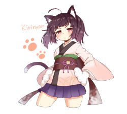 Rule 34 | 1girl, :/, animal ears, animal hands, black hair, blunt bangs, blush, brown kimono, cat ears, cat tail, closed mouth, cropped legs, floating hair, glaring, gloves, half-closed eyes, hands on own hips, highres, japanese clothes, kemonomimi mode, kimono, long sleeves, looking at viewer, medium hair, obi, obiage, obijime, paw gloves, paw print, pleated skirt, pun, purple skirt, red eyes, sash, shiyoheee, short kimono, simple background, skirt, solo, tail, touhoku kiritan, twintails, v-shaped eyebrows, voiceroid, white background, wide sleeves